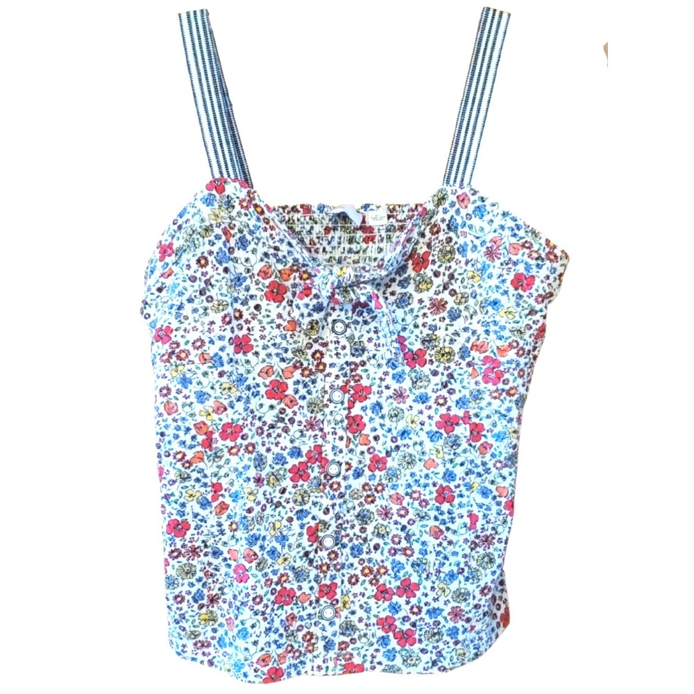 Anthropologie Postage White Floral Button-Front‎ Tank with Navy Striped Straps M